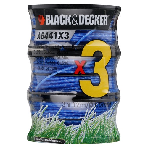 Black and Decker - Bobina con hilo de 2x6m de largo y 16 mm de dimetro hilo trenzado para un mejor corte y mayor resistencia paquete de 3 unidades para los modelos con sistema de alimentacin Reflex Plus de doble hilo - A6441X3
