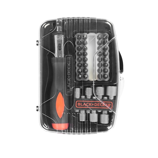 BLACK+DECKER A7062 screwdriver and bit set in plastic case, front angle, black and orange accents.