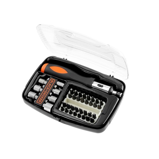 BLACKDECKER A7062 screwdriver and bit set in black plastic case, top angle on white background.