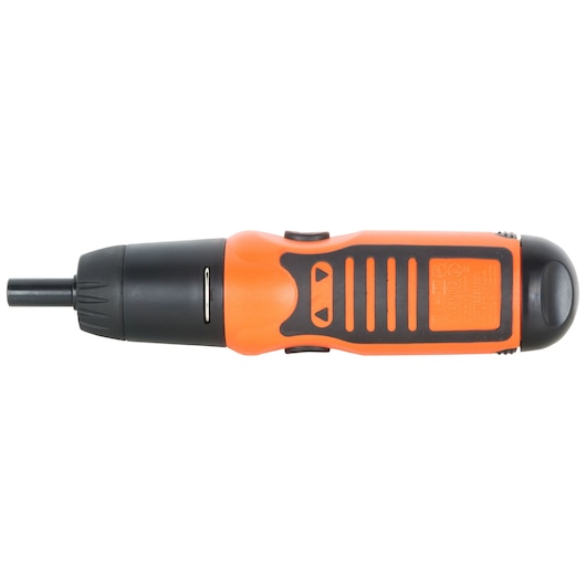 BLACKDECKER A7073-IN orange and black cordless screwdriver, top view on white background.