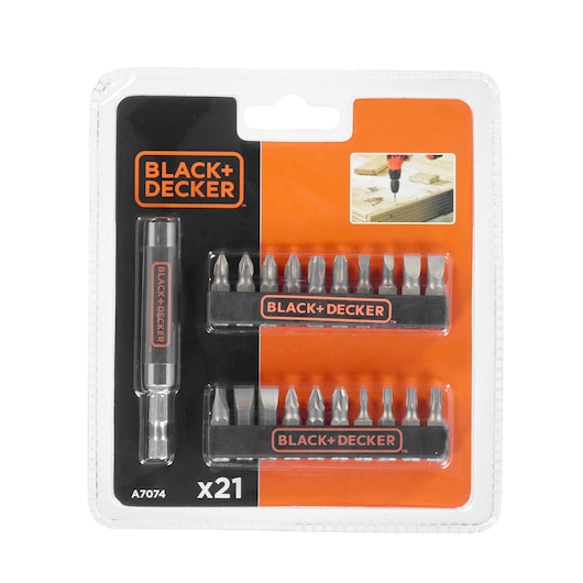 BLACK+DECKER A7074, 21-piece screwdriver bit set in original retail packaging with two bit holders and a magnetic bit holder, suitable for various screwdriving tasks.