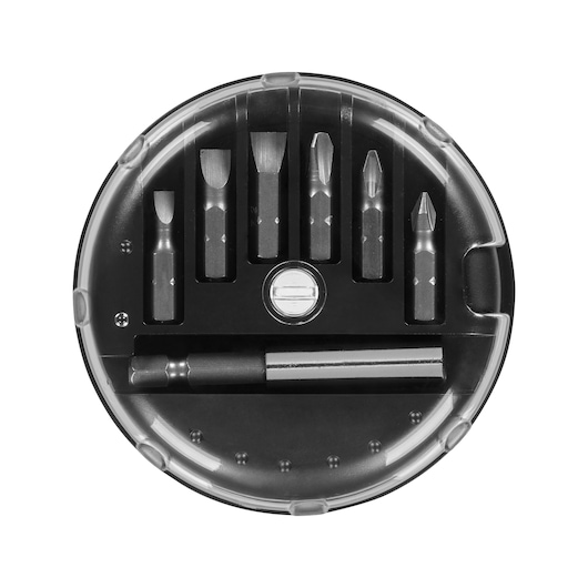 Round plastic case containing a BLACK+DECKER screwdriver bit set, including six different bits and an extension bar, organized neatly with a transparent cover.