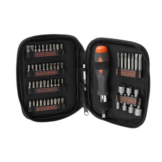BLACKDECKER screwdriver and bit set A7104 in a zippered black case, photo from front angle.