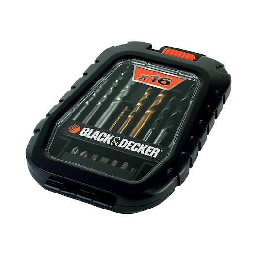BLACKDECKER A7186 drill bit set in a black plastic case, front angle, includes 16 pieces.