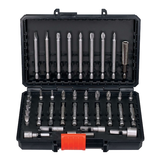 BLACKDECKER A7202 drill and screwdriver bit set in black plastic case, photo of case open showing 32 pieces organized.