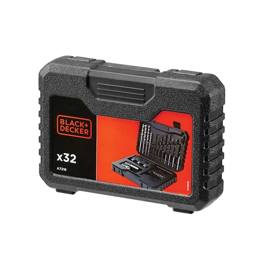 BLACK+DECKER A7216 32-piece drill and screwdriver bit set in a black plastic carrying case with a red and black label, showing the contents inside the open case.