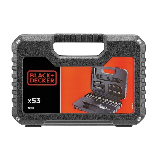 BLACK+DECKER A7218 53-piece tool set in a black plastic carrying case, featuring the brand logo and an image of the open case with various bits and tools displayed inside.