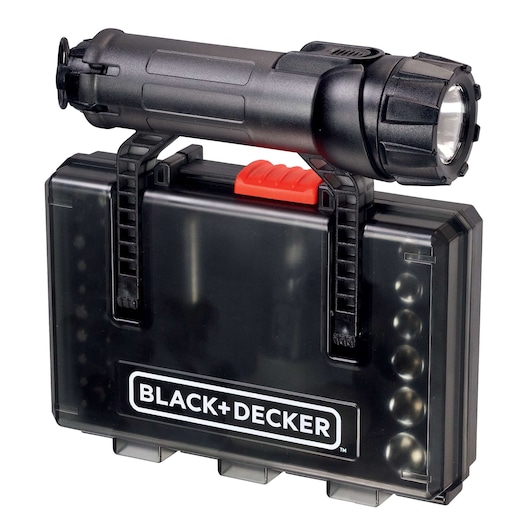 A BLACK+DECKER branded plastic case with a black flashlight attached on top. The case features a transparent section and a red opening latch.