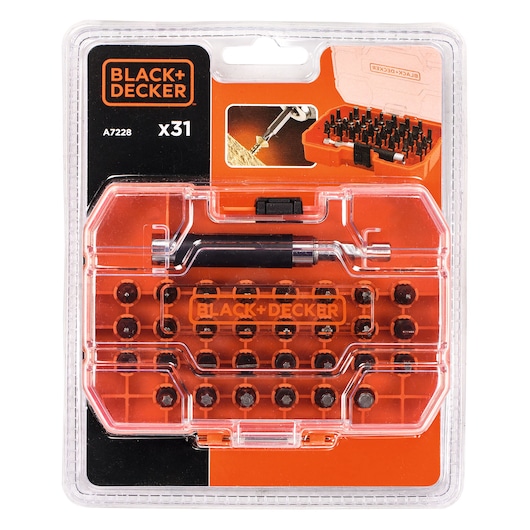 BLACK+DECKER A7228 screwdriver bit set with ratchet handle and 31 assorted bits, in clear plastic case, front angle.