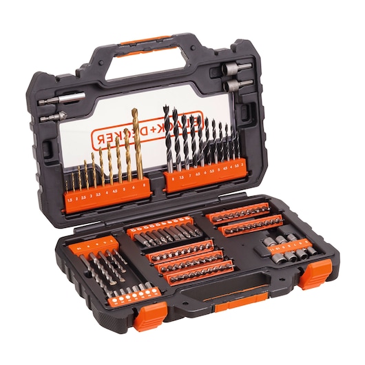 BLACKDECKER drill and bit set in black and orange case, open, SKU A7230-XJ, photography, front angle.