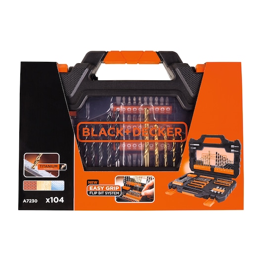 BLACK+DECKER A7230 titanium drill bit set with easy grip flip bit system, 104 pieces, front angle photo.