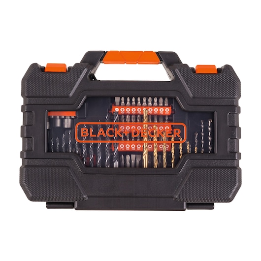 BLACK+DECKER A7230-XJ drill and screwdriver bit set in black hard case with orange accents, front angle.