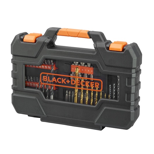 BLACKDECKER A7231 drill and bit set in black hard case, orange handle, front angle on white background.