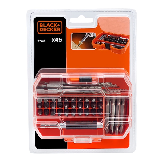 BLACK+DECKER A7234 photography of 45-piece drill and screwdriver bit set in clear plastic box, front angle.