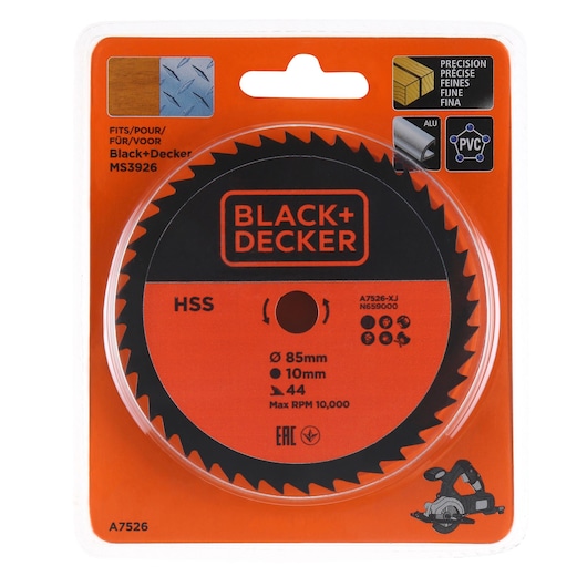 Photo of BLACKDECKER HSS circular saw blade, 85mm diameter, 44 teeth, SKU A7526, in retail packaging, front angle.
