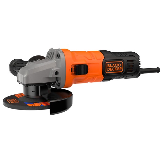 A BLACK+DECKER electric angle grinder with an orange and black body and a cutting disc, shown against a white background.