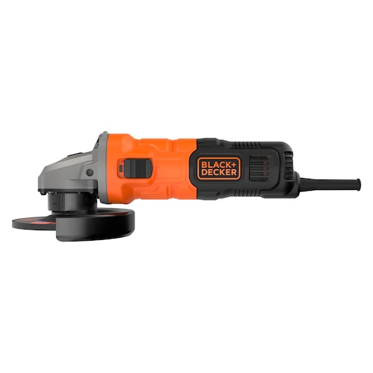 A BLACK+DECKER angle grinder with an orange and black body, designed for cutting, grinding, and polishing tasks. It is shown from the side with its power cord visible.