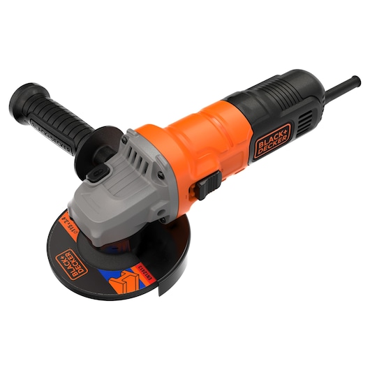 A BLACK+DECKER branded angle grinder with an orange and black body, a side handle, and a cutting disc attached.