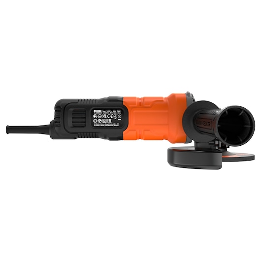 A BLACK+DECKER electric angle grinder with an orange and black body, viewed from the side. The grinder features a side handle and a disc guard.