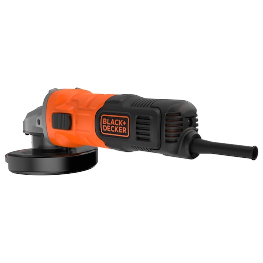 A BLACK+DECKER electric angle grinder with an orange and black body, shown against a white background.
