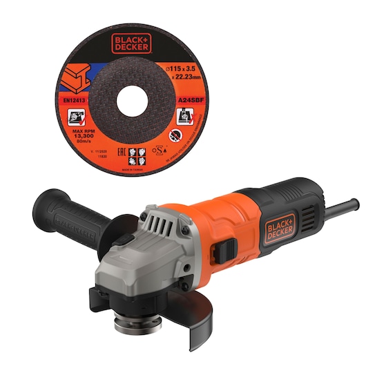 BLACK+DECKER ADBEG115 angle grinder with black and orange body, side handle, and abrasive cutting disc, front angle.
