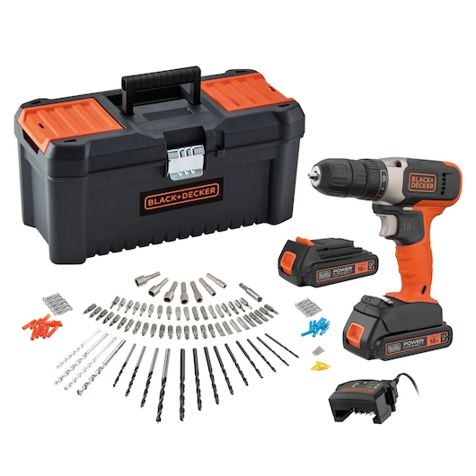 BLACK+DECKER cordless drill kit with a black and orange toolbox, two 18V batteries, a battery charger, assorted drill bits, screwdriver bits, and wall plugs arranged in front.