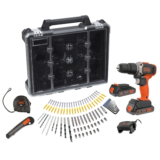 A BLACK+DECKER cordless drill and tool set, including a durable carrying case, drill bits, screwdriver bits, screws, wall plugs, tape measure, utility knife, two batteries, a charger, and hex keys.