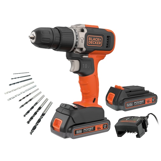 BLACK+DECKER 18V cordless drill with orange and black design, shown with drill bits, two lithium batteries, and a battery charger.