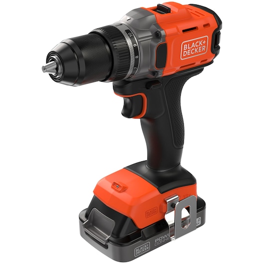 BLACK+DECKER cordless drill with orange and black design, ergonomic handle and lithium battery.