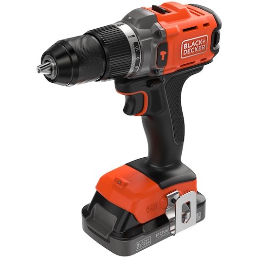 Cordless BLACK+DECKER power drill with orange and black body, ergonomic handle, and lithium battery.