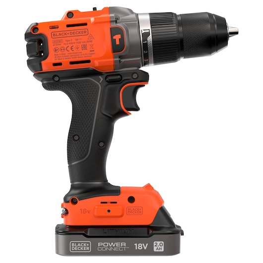 BLACK+DECKER cordless drill with an 18V lithium battery, ergonomic black and orange design.