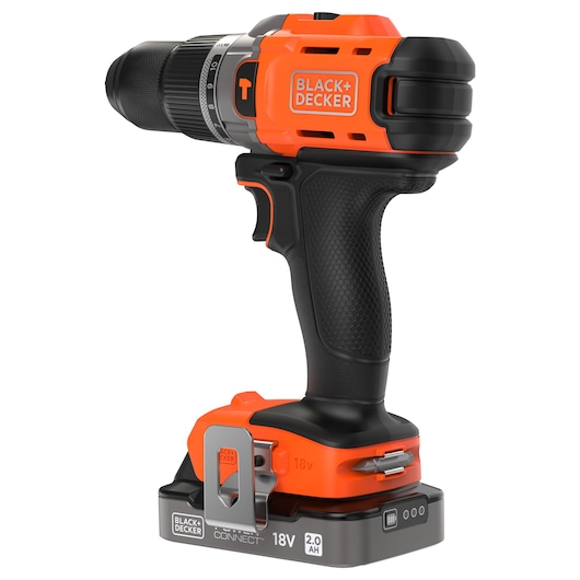 BLACK+DECKER cordless power drill with orange and black body and 18V battery.