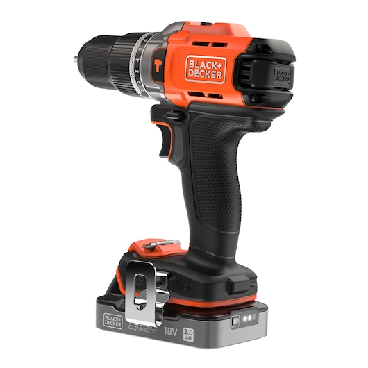 Photo of BLACK+DECKER BCD383D1 cordless drill, orange and black, with 18V 2.0Ah battery, side angle on white.
