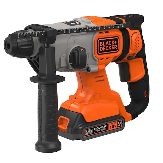 Photo of BLACK+DECKER BCD900E2K cordless rotary hammer drill, orange and black, side angle with handle and battery visible.
