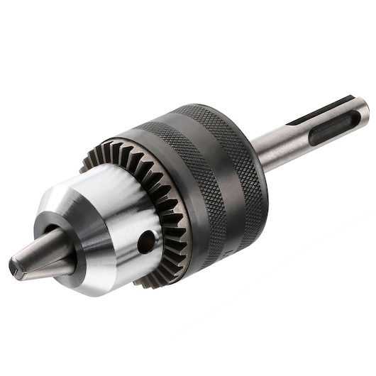 BLACKDECKER BCD900E2K metal drill chuck with knurled grip and SDS shank, product photo, angled view.