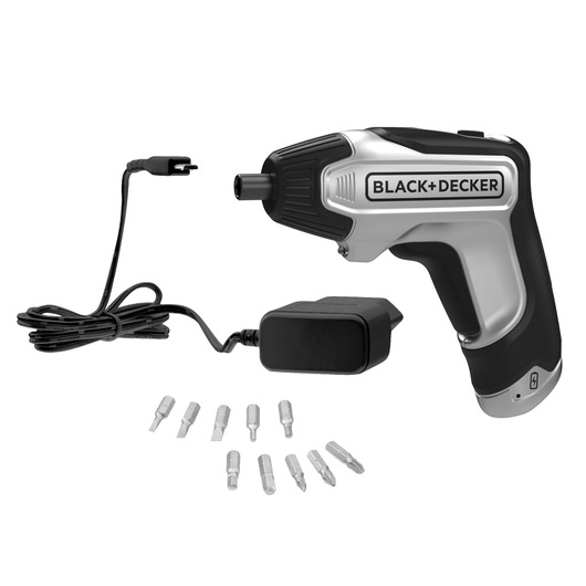 BLACK+DECKER BCF611SCK cordless screwdriver with charger and eight screwdriver bits, product on white background, side angle.