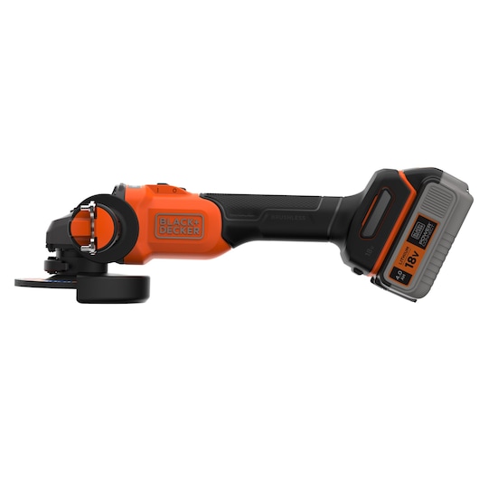 A BLACK+DECKER cordless angle grinder with an orange and black design, featuring an 18V battery pack attached at the base.