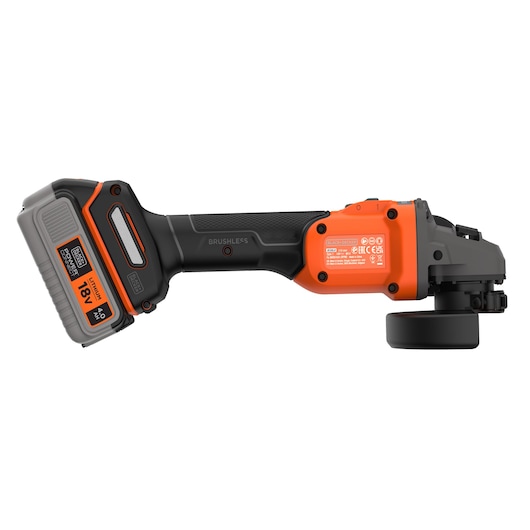 Side view of a BLACK+DECKER cordless angle grinder with an 18V lithium battery. The tool has a black and orange design and a brushless motor.