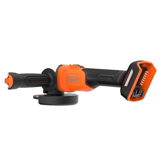 BLACK+DECKER cordless angle grinder with brushless motor, featuring an orange and black ergonomic handle and a side disc for grinding tasks.