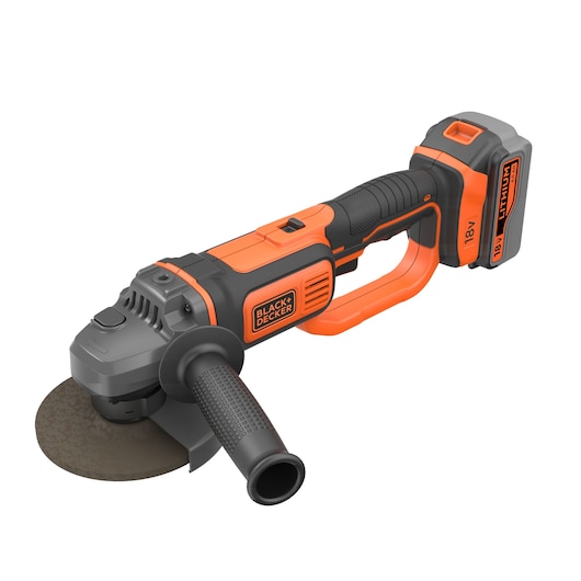 A BLACK+DECKER cordless angle grinder with an 18V lithium battery, featuring a black and orange ergonomic design and a side handle for added control.