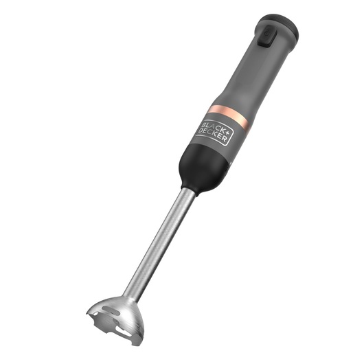 A BLACK+DECKER handheld immersion blender with a metallic blending shaft and a black and gray handle, shown against a white background.