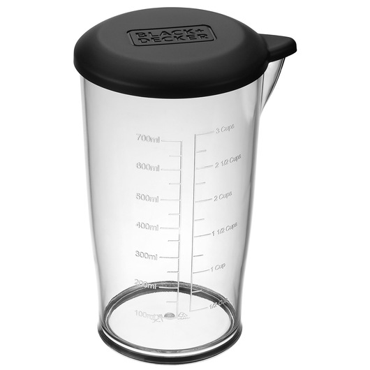 BLACK+DECKER BCKM1012KG clear plastic measuring jug with black lid, showing volume markings, front angle.