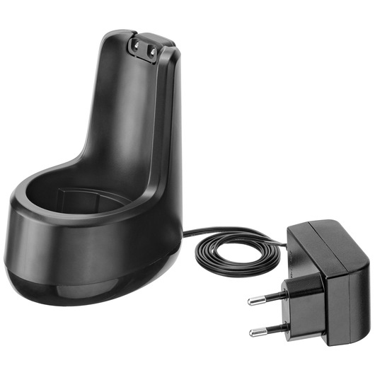 BLACKDECKER BCKM1012KG black charging dock with power adapter, front angle, on white background.