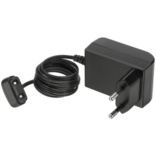 Photo of BLACKDECKER BCKM1012KG black power adapter with coiled cable, European plug, and two-pin connector, angled view.
