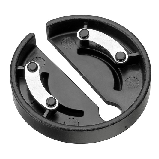 BLACKDECKER BCKM1016KSG round black plastic cutting tool accessory with two silver metal blades, top view.