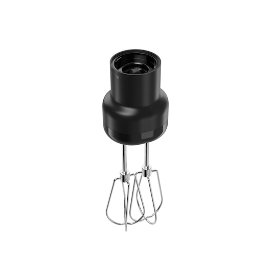 BLACKDECKER hand mixer attachment BCKM101HM with black top and metal beaters, front angle photo.
