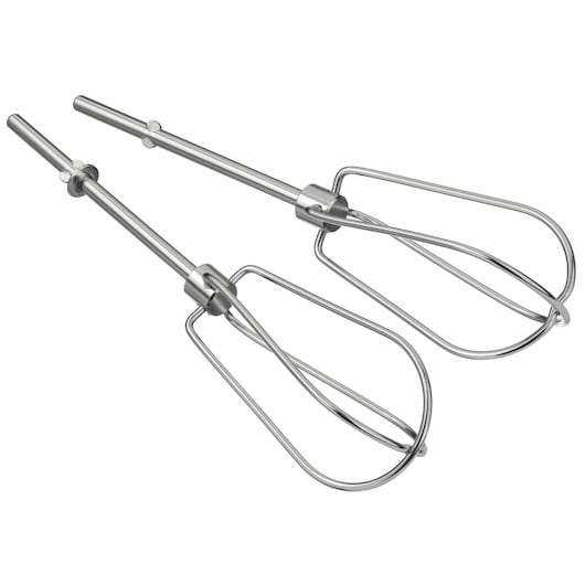 Photo of two BLACK+DECKER BCKM101HM mixer beaters, stainless steel, angled on white background.