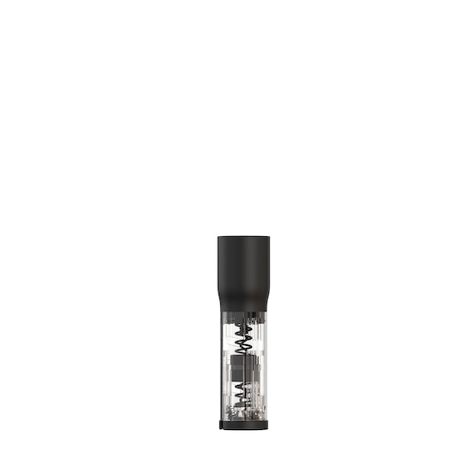 A BLACK+DECKER electric wine bottle opener with a black top and transparent body, showing internal mechanism. The appliance is upright against a white background.