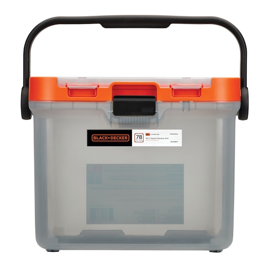 A transparent plastic storage box with an orange lid and black handle, branded BLACK+DECKER, viewed from the front.