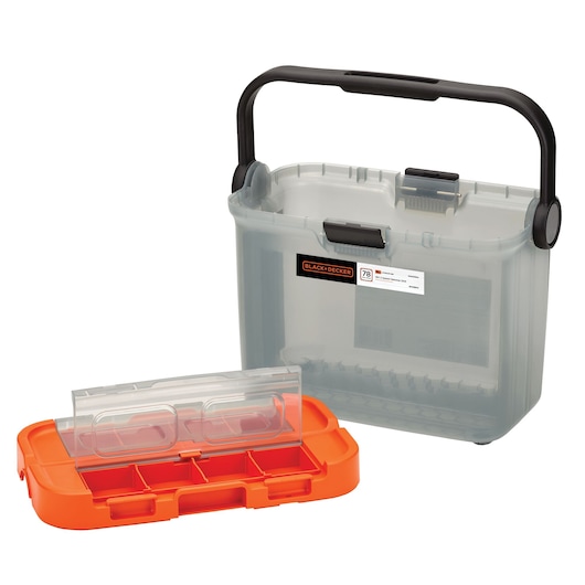 BLACK+DECKER transparent plastic storage box with a black handle and an orange compartment tray with a clear lid, designed for organizing small items.